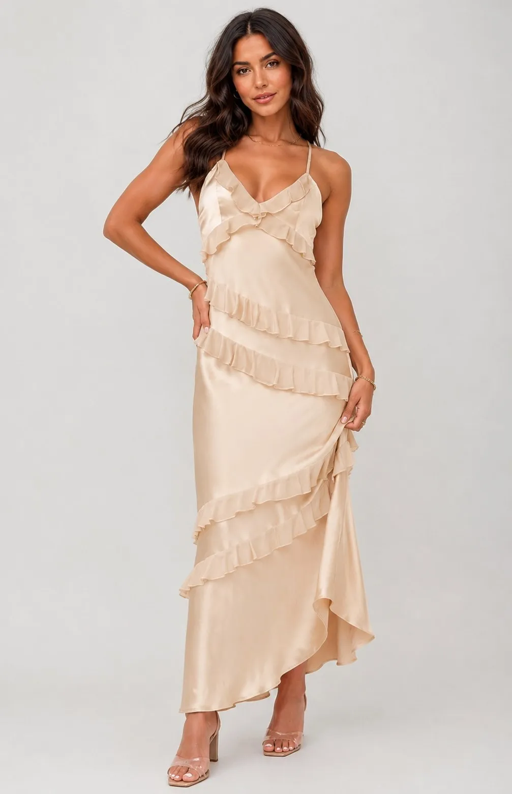 Cream Satin Ruffle V Neck Spaghetti Strap Tie Backless Long Maxi Dress