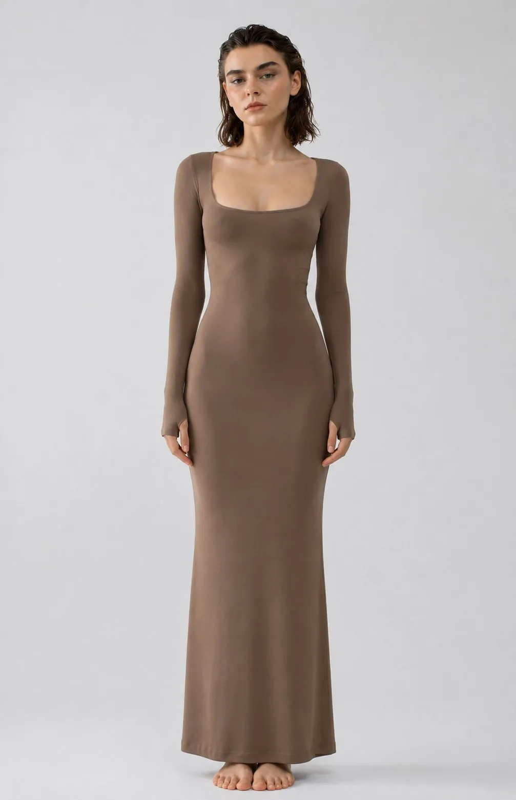Hazelnut Square Neck Long Sleeve Maxi Dress Ribbed Bodycon Dresse