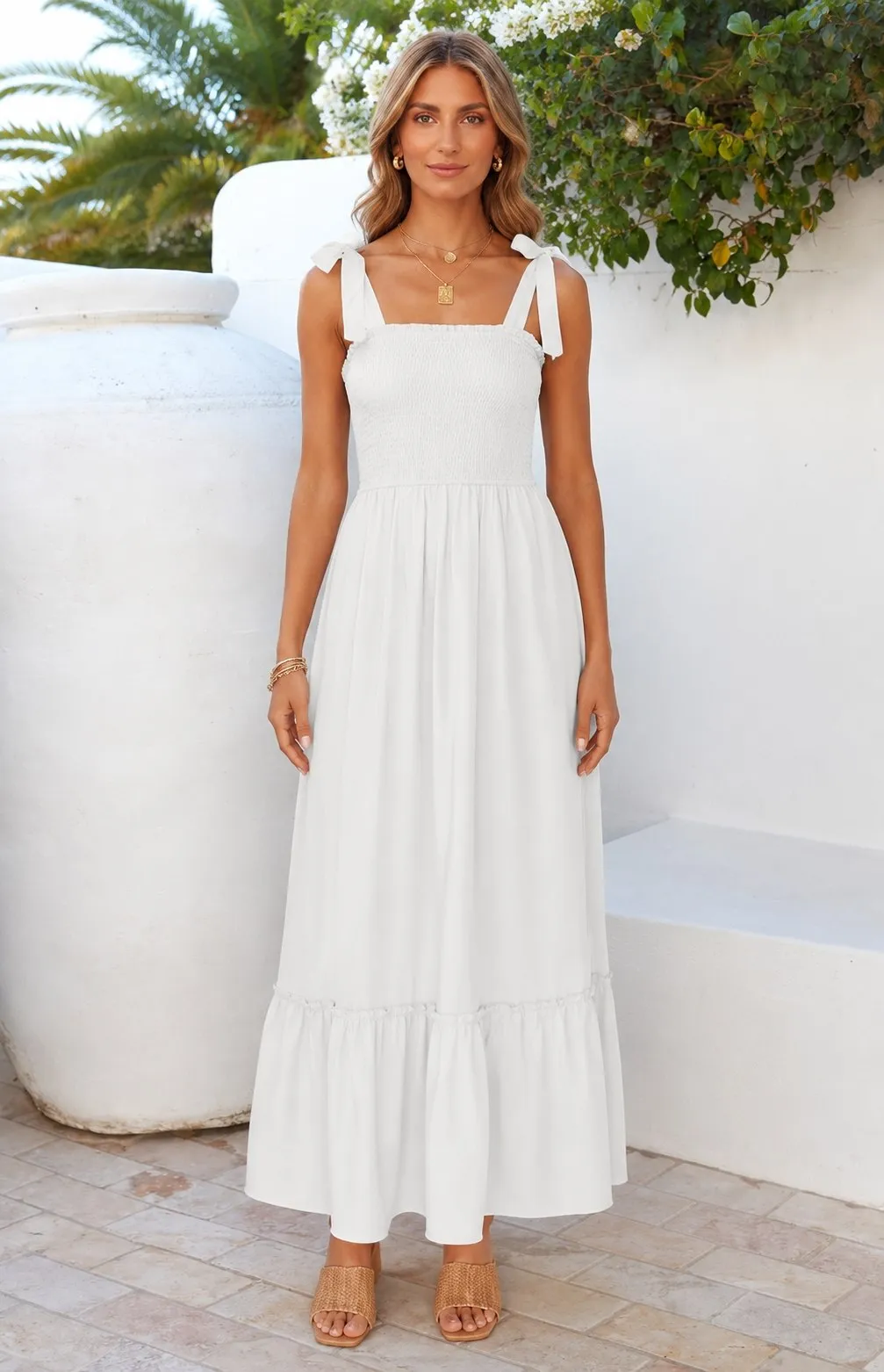 Summer Boho Spaghetti Strap Square Neck Solid Color Ruffle A Line Beach Long Maxi Dress