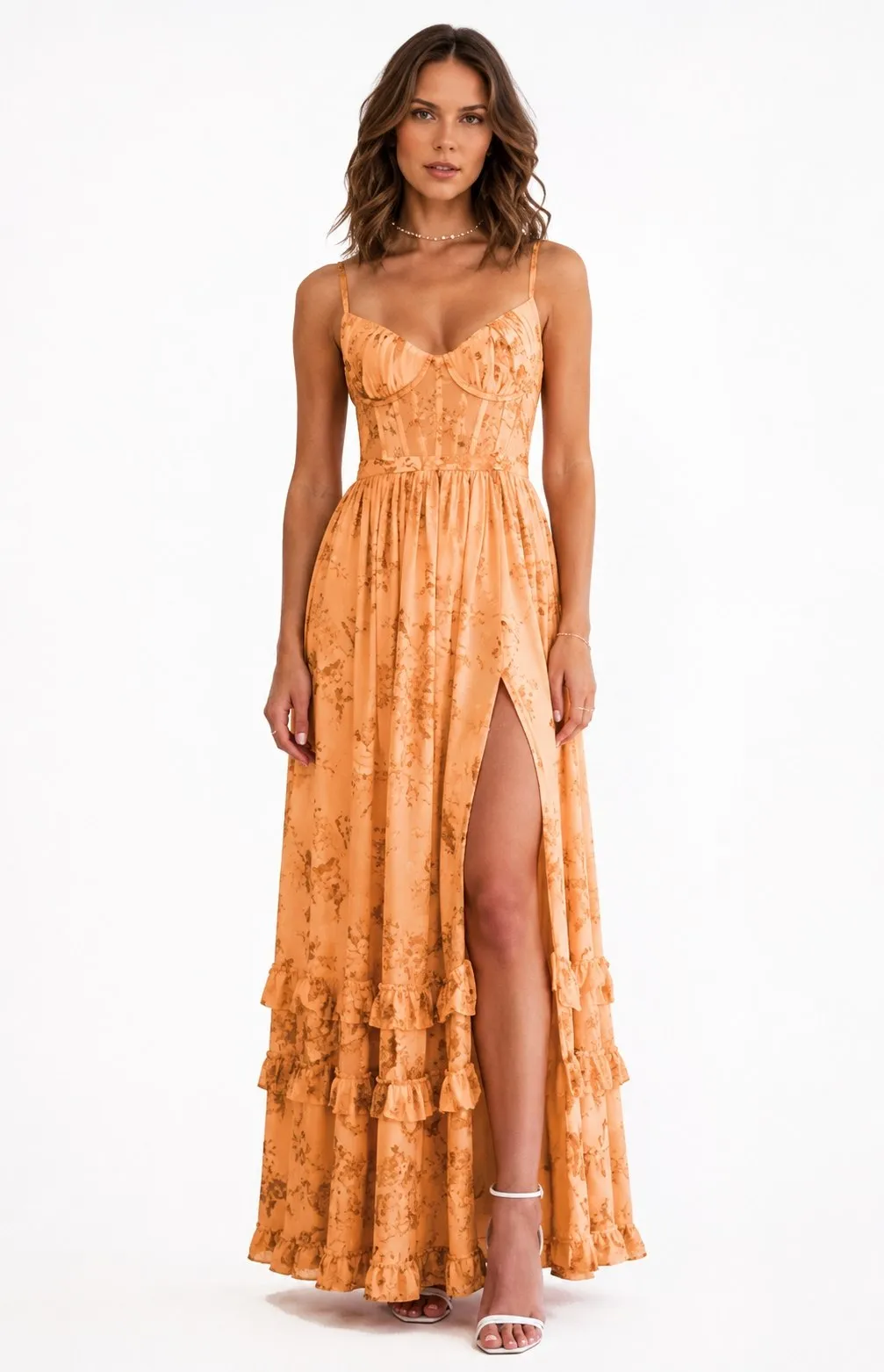 Women's Floral Chiffon Bridesmaid Dress with High Slit