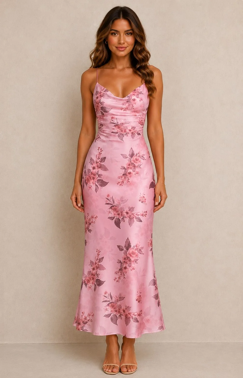Women's Floral Cowl Neck Bodycon Maxi Dress