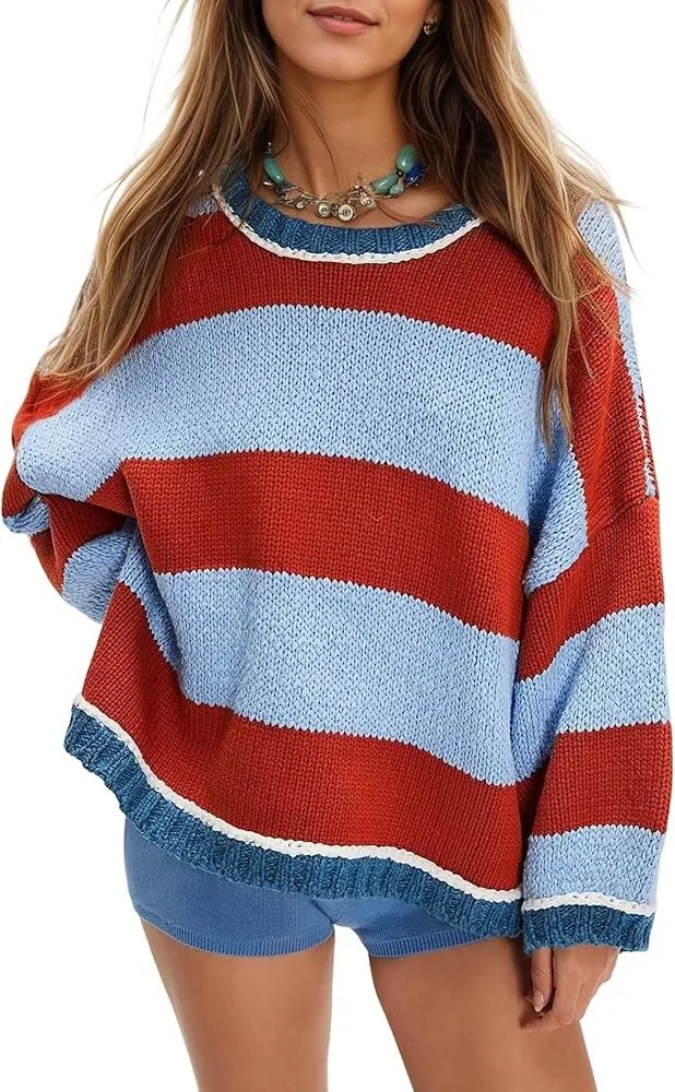 Women's Chunky Knit Striped Sweaters Casual Long Sleeve Crew Neck Oversized Pullover Sweater Winter Fall Spring Tops