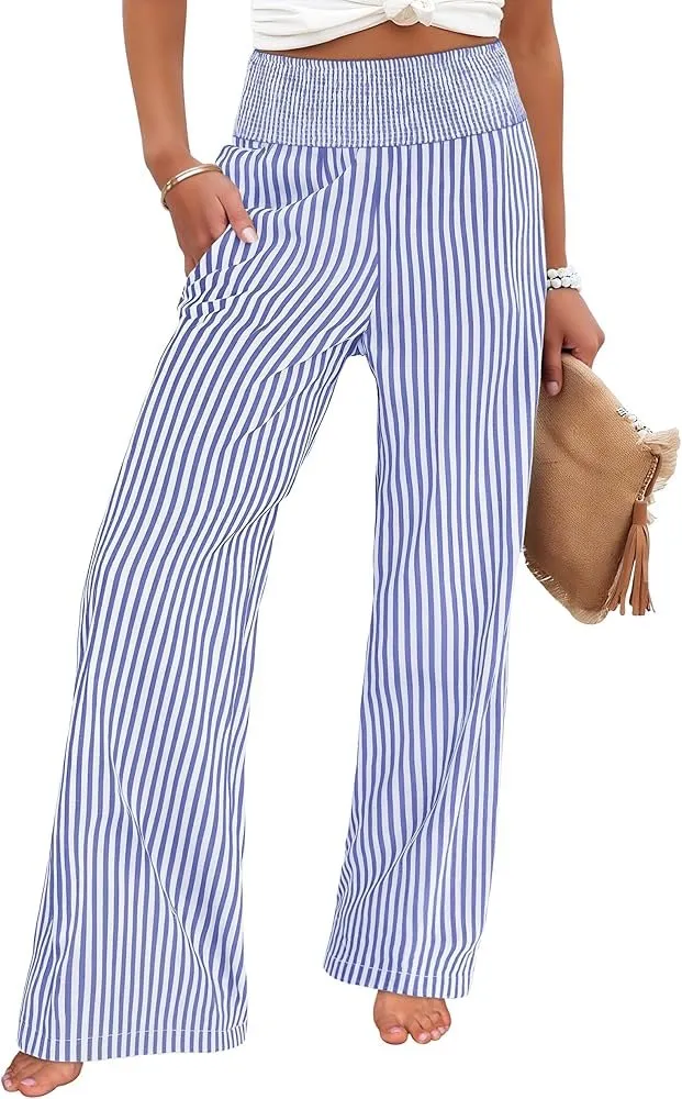 Womens Palazzo Pants, Striped & Gingham, Lounge & Casual, Cute Pajama Pants, Wide Leg, High Waisted, Pockets
