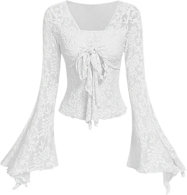 Women's Y2K Cute Bell Sleeve Tops Floral Print Mesh Summer Long Sleeve Going Out Tops 2000s Clothing
