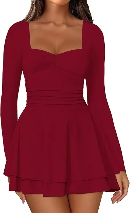 Women's Square Neck Long Sleeve Mini Dress Ruched Corset Waist Tiered Ruffle Hem A Line Short Party Dresses
