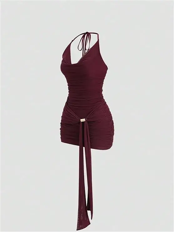 Women's Going Out Y2K Sexy Halter Dress Sleeveless Draped Ruched Side Tie Front Backless Party Mini Dresses
