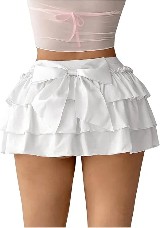 Women's Y2K Bow Kont Elastic Waist Layered Ruffle Hem Mini Skirts