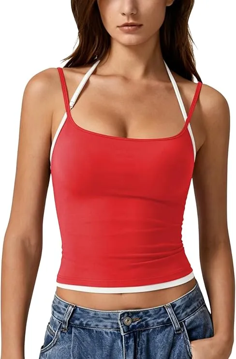 Women's Spaghetti Strap Tank Top Slim Fitting Layered Halter Neck Sleeveless Crop Cami Shirt