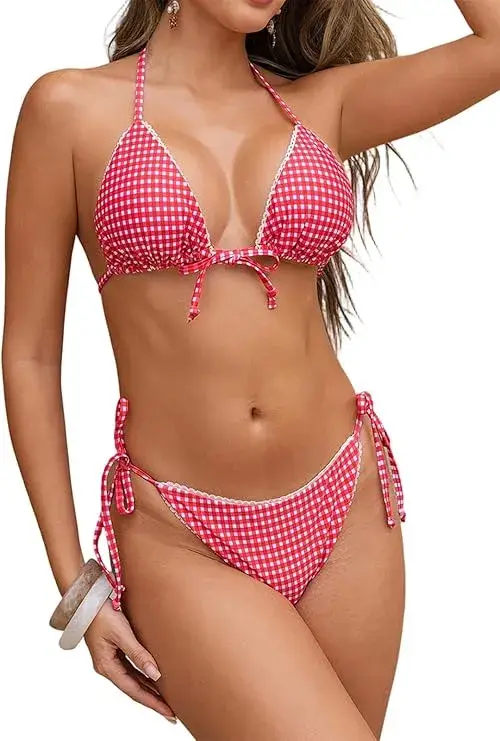 Women's Triangle String Bikini Sets Two Piece Halter Swimsuits Tie Lace Trim Cheeky Bathing Suits Swimwear