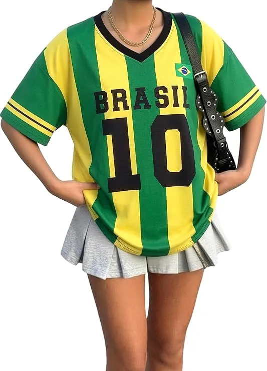 Soccer Cup Shirt Women Oversized Brazil V Neck T Shirts