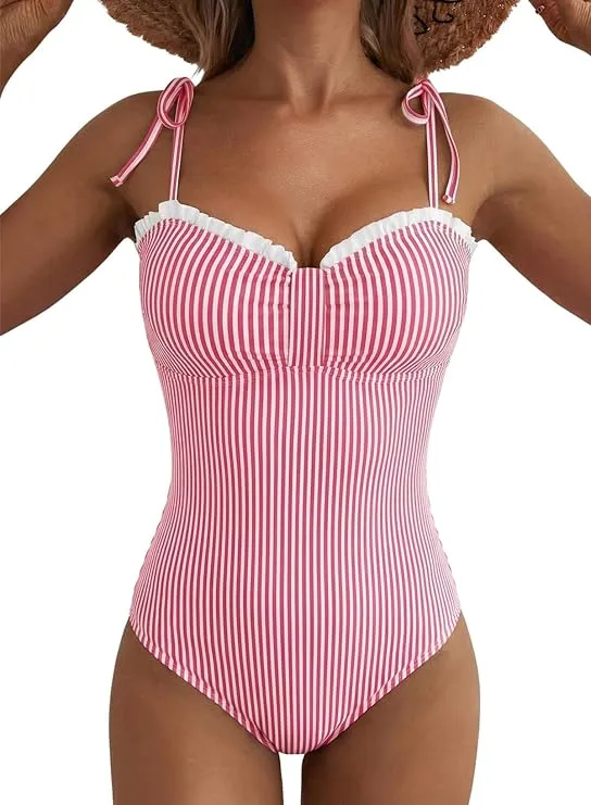 Striped One Piece Swimsuits Tie Shoulder High Cut Tummy Control Bathing Suit 2026 Summer Beach Swimwear