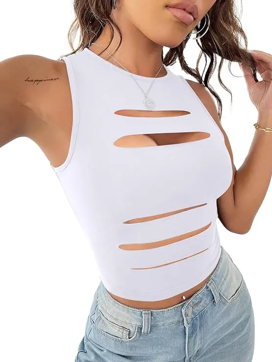 Women Sexy Cut Out Crop Tank Tops Crew Neck Summer Sleeveless Top