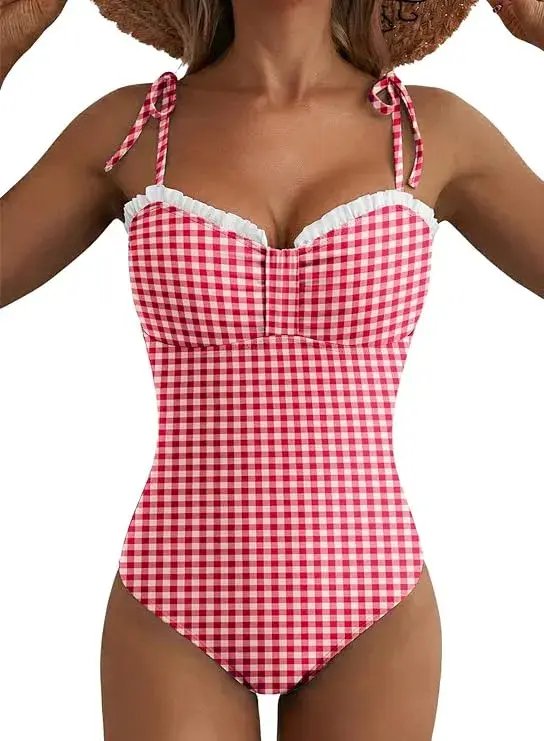 Women’s Striped One Piece Swimsuits Tie Shoulder High Cut Tummy Control Bathing Suit 2026 Summer Beach Swimwear