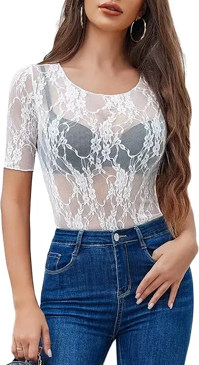 Mesh Top for Women Short Sleeve Crew Neck Fitted Top Solid & Floral Lace Croptop