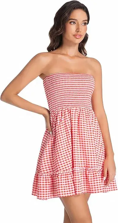 Tube Top Dress for Women Summer Solid Strapless Mini Dresses Off The Shoudler Ruffle Beach Cover Sundres