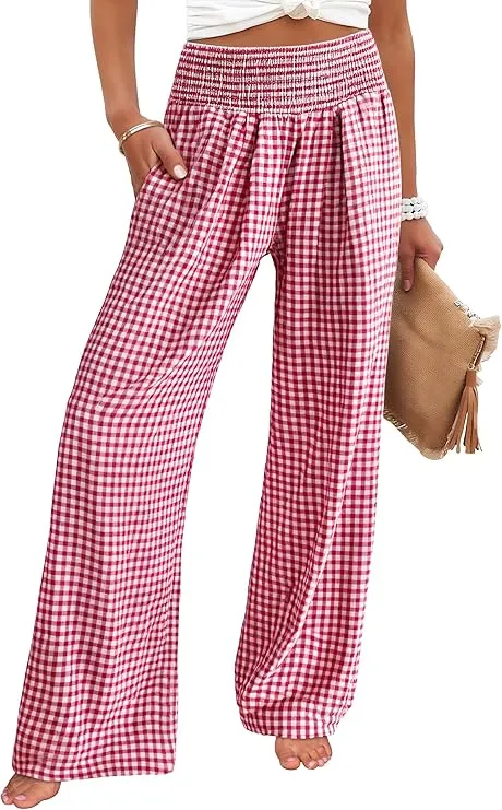 Womens Palazzo Pants, Striped & Gingham, Lounge & Casual, Cute Pajama Pants, Wide Leg, High Waisted, Pockets
