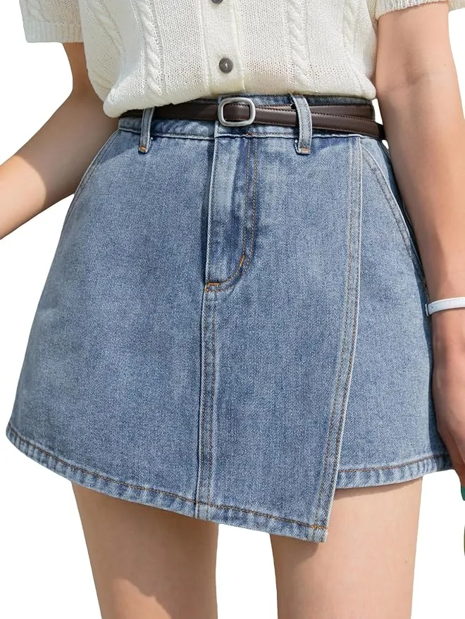 Women's High Waisted Denim Skort Wrap Hem Asymmetrical Jean Mini Skirt Shorts