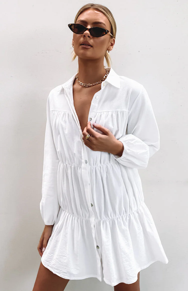 Tiered Long Sleeve Dress White