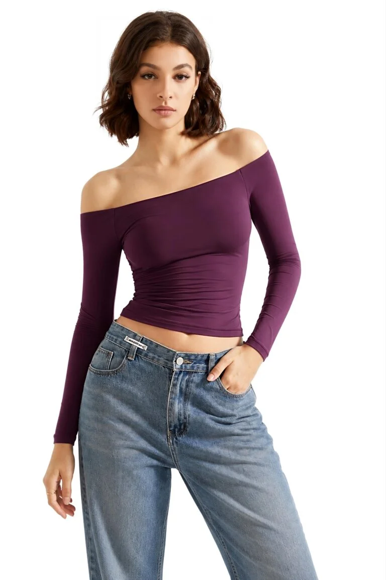 Women’s Off Shoulder Long Sleeve Top – Double Lined Slim Fit Y2K Going Out Shirt, Stretchy Rucked Basic Tee for Casual & Date Night