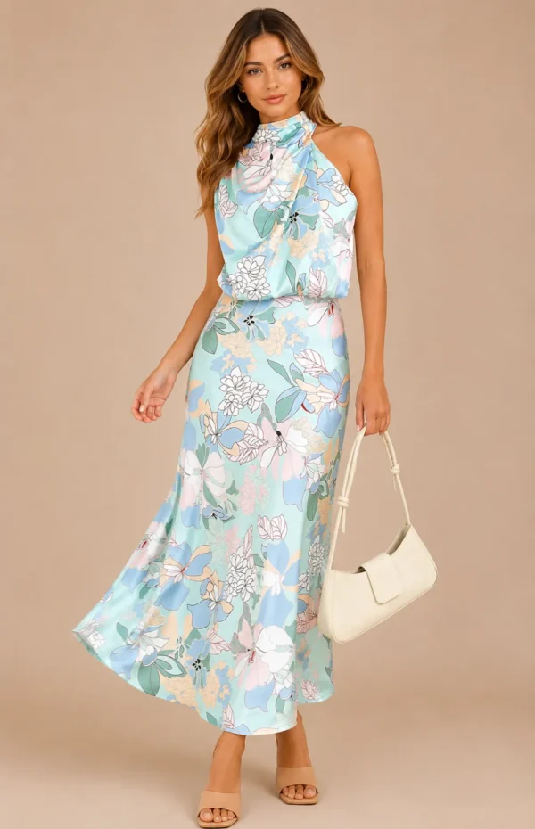 Blue Print Satin Mock Neck Sleeveless Maxi Dress