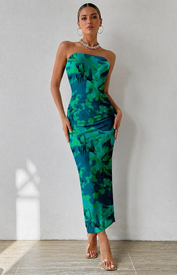 Green Floral Print Strapless Tube Bodycon Maxi Dress