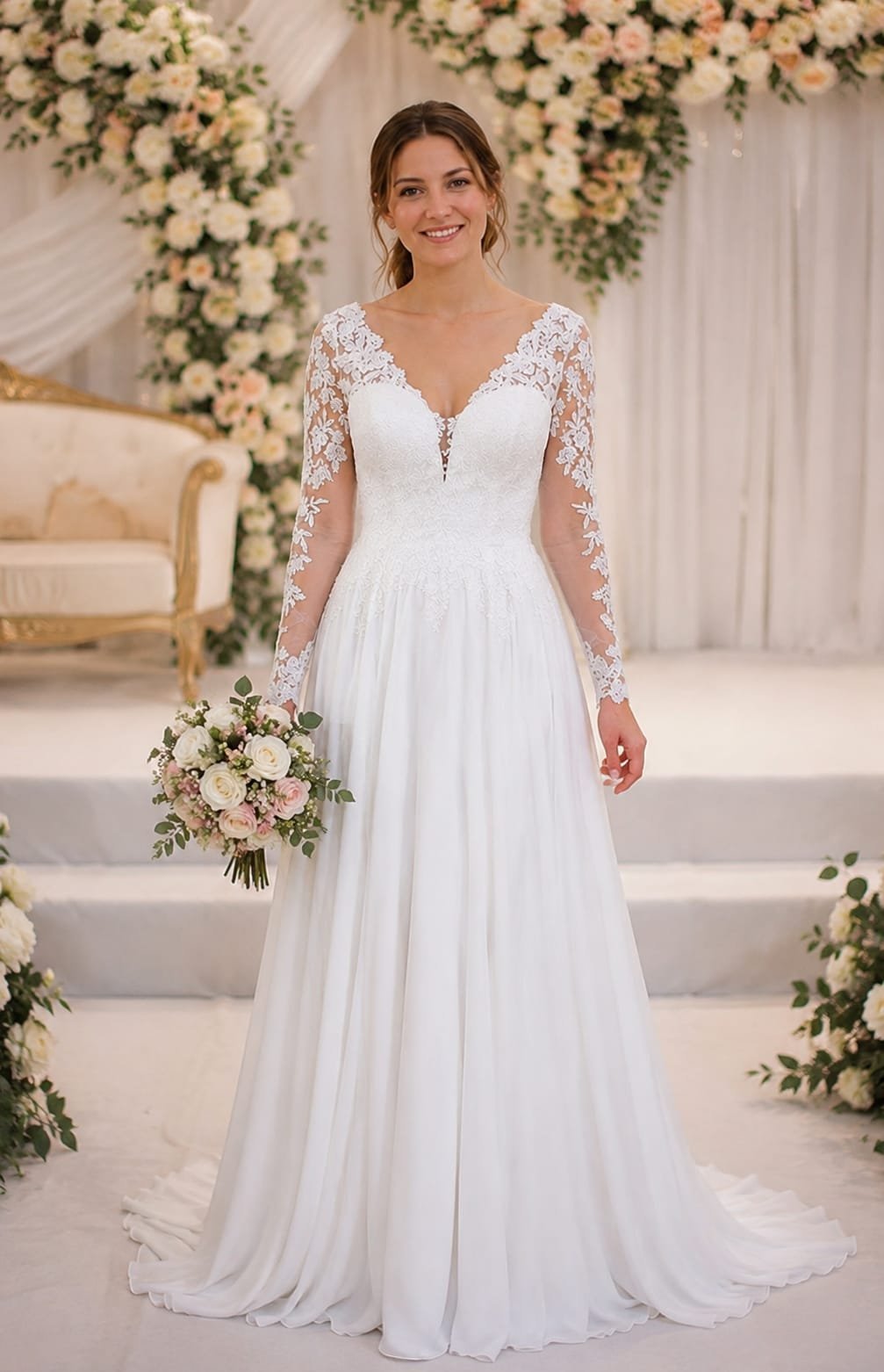 Long Sleeve Lace Applique Chiffon A-Line Wedding Dress - Off-White