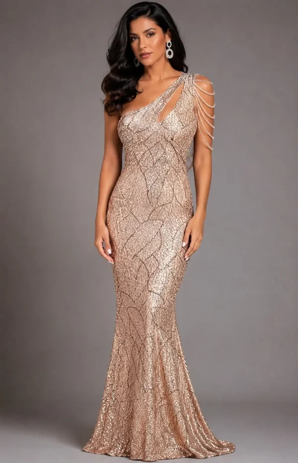 Gold Sequin One Shoulder Tassel Flapper Maxi Dress