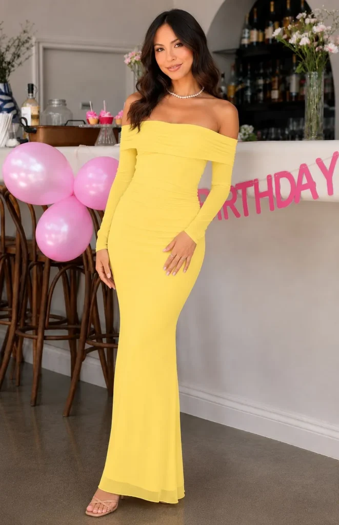 Yellow Off Shoulder Mesh Bodycon Maxi Dress Long Sleeve