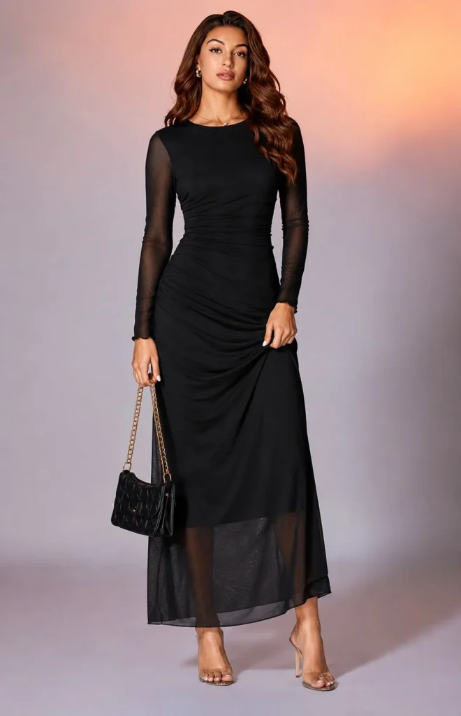 Black Sequin Long Sleeve Ruffle Mermaid Maxi Dress for Weddings & Cocktail Parties