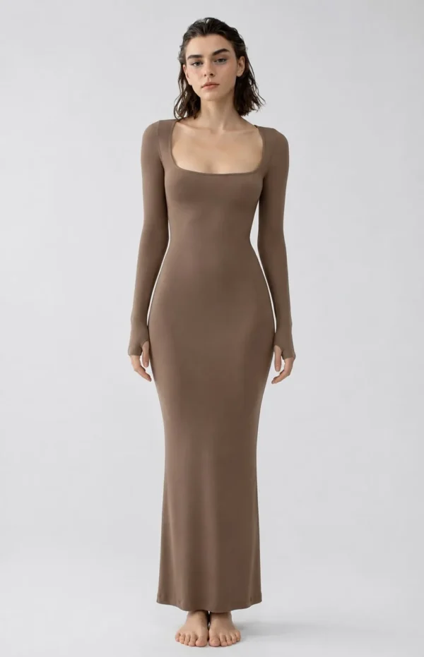 Hazelnut Square Neck Long Sleeve Ribbed Bodycon Maxi Dress
